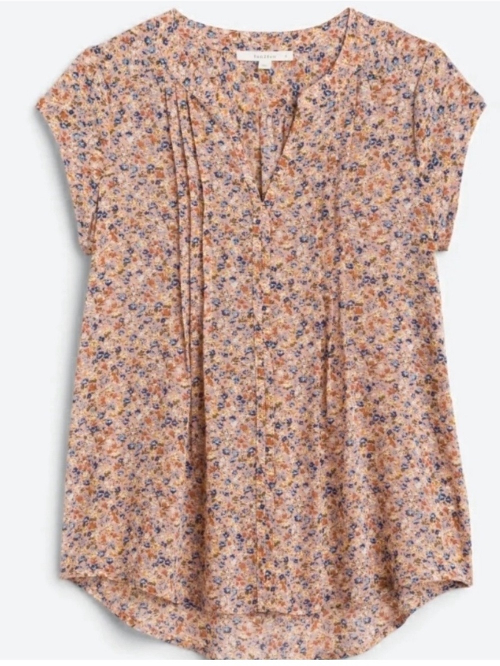 Monday Fun Women’s Floral Split-Neck Short Sleeve Top Blouse Sz L semi sheer